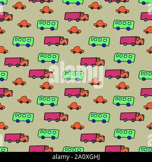 seamless vector transportation themed vetor pattern with trucks cars and buses Stock Vector