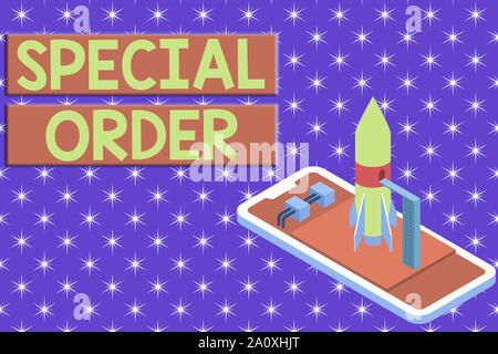 Writing note showing Special Order. Business concept for Specific Item Requested a Routine Memo by Military Headquarters Ready to launch rocket lying Stock Photo