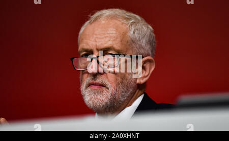 Brighton UK 22 September 2019 - Jeremy Corbyn listens to Diane Abbott the Shadow Home Secretary giving her speech at the Labour Party Conference being held in the Brighton Centre this year. Credit : Simon Dack / Alamy Live News Stock Photo