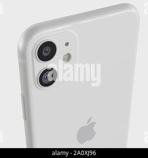 ITALY -22 SEPTEMBER, 2019: Detail of Iphone 11 smartphones. Iphone 11 in close up. Latest Apple Mobile iphones model. Illustrative editorial. Stock Photo
