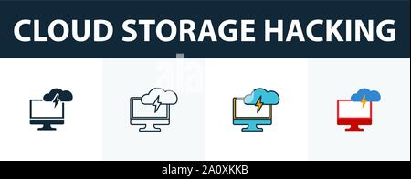 Cloud Storage Hacking icon set. Four simple symbols in diferent styles from icons collection. Creative cloud storage hacking icons filled, outline Stock Vector