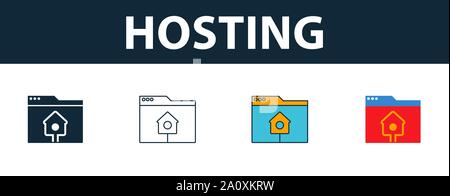 Hosting icon set. Four simple symbols in diferent styles from web development icons collection. Creative hosting icons filled, outline, colored and Stock Vector