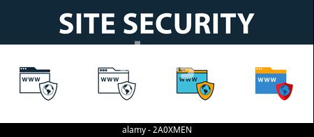 Site Security icon set. Four simple symbols in diferent styles from icons collection. Creative site security icons filled, outline, colored and flat Stock Vector