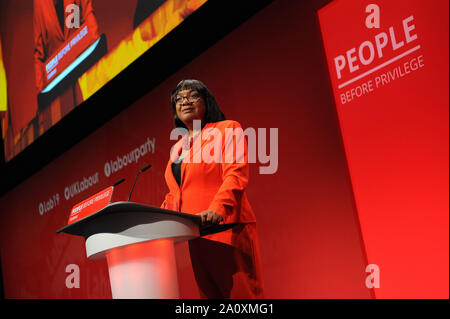 Brighton, UK. 22nd September, 2019 Diane Abbott, Shadow Home Secretary of State for Justice, delivers her speech to delegates, during the second day of the Labour Party annual conference at the Brighton Centre. Credit: Kevin Hayes/Alamy Live News Stock Photo