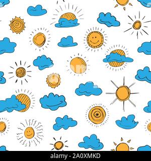 Seamless pattern of weather symbols hand drawn  in cartoon style. Vector illustration of isolated weather icons on a white background. Weather forecas Stock Vector