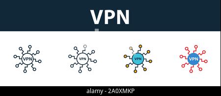 Vpn icon set. Four simple symbols in diferent styles from icons collection. Creative vpn icons filled, outline, colored and flat symbols Stock Vector