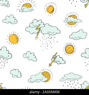 Seamless pattern of weather symbols hand drawn  in cartoon style. Vector illustration of isolated weather icons on a white background. Weather forecas Stock Vector