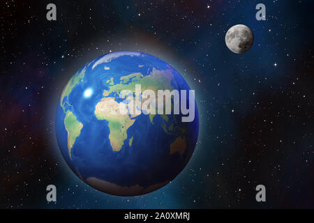 High detailed Earth and Moon over star field  in outer space, cosmic background  (Elements of this image furnished by NASA) Stock Photo