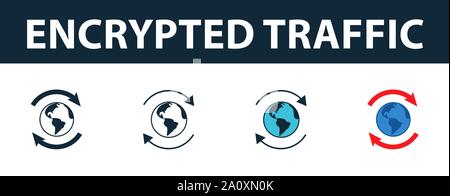 Encrypted Traffic icon set. Four simple symbols in diferent styles from icons collection. Creative encrypted traffic icons filled, outline, colored Stock Vector