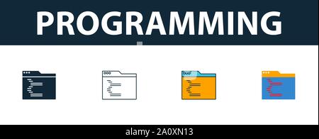 Programming icon set. Four simple symbols in diferent styles from web development icons collection. Creative programming icons filled, outline Stock Vector