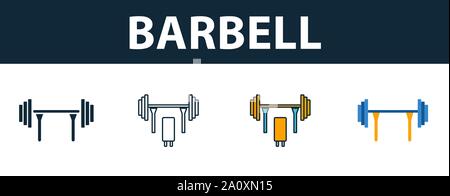 Barbell icon set. Four simple symbols in diferent styles from sport equipment icons collection. Creative barbell icons filled, outline, colored and Stock Vector