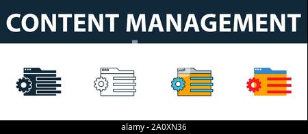 Content Management icon set. Four simple symbols in diferent styles from web development icons collection. Creative content management icons filled Stock Vector