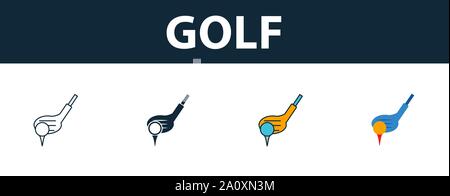 Golf icon set. Four simple symbols in diferent styles from sport equipment icons collection. Creative golf icons filled, outline, colored and flat Stock Vector