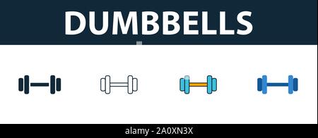 Dumbbells icon set. Four simple symbols in diferent styles from sport equipment icons collection. Creative dumbbells icons filled, outline, colored Stock Vector
