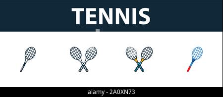 Tennis icon set. Four simple symbols in diferent styles from sport equipment icons collection. Creative tennis icons filled, outline, colored and flat Stock Vector