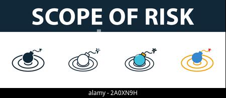 Scope Of Risk icon set. Four simple symbols in diferent styles from risk management icons collection. Creative scope of risk icons filled, outline Stock Vector