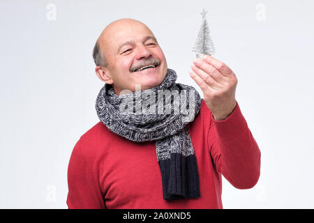 Senior hispanic man in scarf holding small silver pine tree. Concept of new year and Christmas. Studio shot Stock Photo