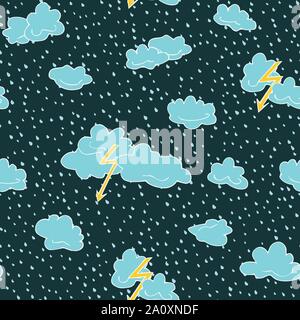 Seamless pattern of lightning, clouds and raindrops hand drawn  in cartoon style. Vector illustration of isolated weather icons on a blue background. Stock Vector