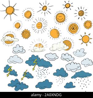 Set of weather symbols hand drawn  in cartoon style. Vector illustration of isolated weather icons on a white background. Weather forecast meteorology Stock Vector