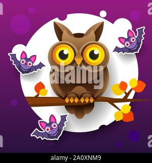 Abstract Halloween Owl For Holiday Design. Vector Illustration Of Nature. Halloween Holiday Greeting Card. Cartoon Character. Sweet Halloween. Stock Vector