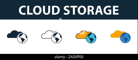 Cloud Storage icon set. Four simple symbols in diferent styles from icons collection. Creative cloud storage icons filled, outline, colored and flat Stock Vector