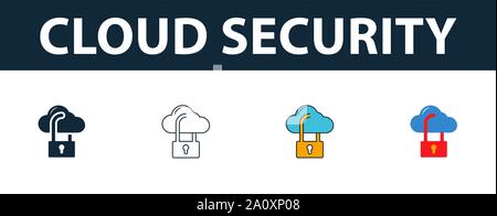 Cloud Security icon set. Four simple symbols in diferent styles from web development icons collection. Creative cloud security icons filled, outline Stock Vector