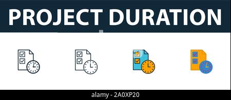 Project Duration icon set. Four simple symbols in diferent styles from risk management icons collection. Creative project duration icons filled Stock Vector