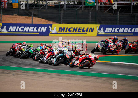 22nd September 2019; Ciudad del Motor de Aragon, Alcaniz, Spain; Aragon Motorcycle Grand Prix, Race Day; Marc Marquez of the Repsol Honda Team leads during the start of the race Stock Photo