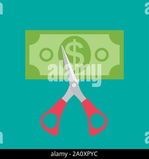 Hand scissors cutting money. Sale concept. Vector Illustration Stock Vector