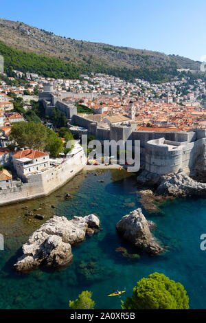 Dubrovnik walls of the walled city and the Adriatic sea, UNESCO world heritage site, view from the fort in summer, Dalmatian coast, Croatia Europe Stock Photo