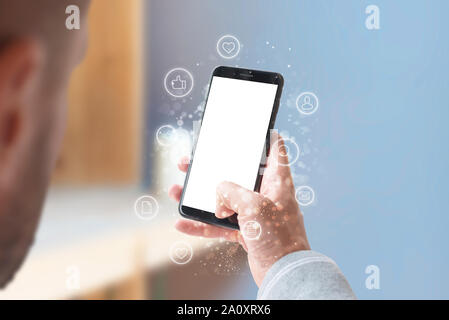 Phone mockup with internet of things icons concept. Isolated screen for app design presentation. Close-up. Stock Photo