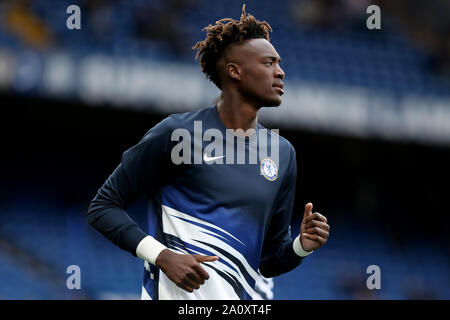 London, UK. 22nd Sept 2019. English Premier League Football, Chelsea Football Club versus Liverpool Football Club; Tammy Abraham of Chelsea during the warm up - Strictly Editorial Use Only. No use with unauthorized audio, video, data, fixture lists, club/league logos or 'live' services. Online in-match use limited to 120 images, no video emulation. No use in betting, games or single club/league/player publications Credit: Action Plus Sports Images/Alamy Live News Stock Photo