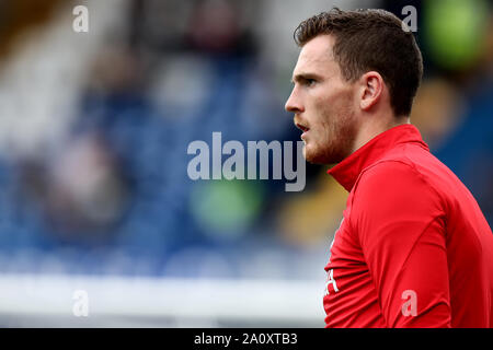 London, UK. 22nd Sept 2019. English Premier League Football, Chelsea Football Club versus Liverpool Football Club; Andrew Robertson of Liverpool during the warm up - Strictly Editorial Use Only. No use with unauthorized audio, video, data, fixture lists, club/league logos or 'live' services. Online in-match use limited to 120 images, no video emulation. No use in betting, games or single club/league/player publications Credit: Action Plus Sports Images/Alamy Live News Stock Photo