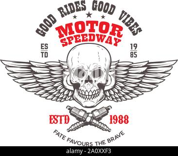 Custom motorcycles .Poster template with winged skull. Design element for poster, flyer, card, banner. Vector illustration Stock Vector