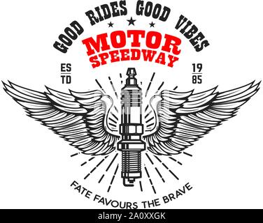 Motor speedway. Emblem template with winged electric spark plug. Design element for poster, logo, label, sign, badge. Vector illustration Stock Vector