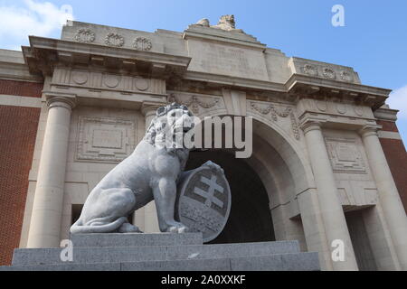 Menin Gate and lion at Ypres / Ieper Flanders Stock Photo