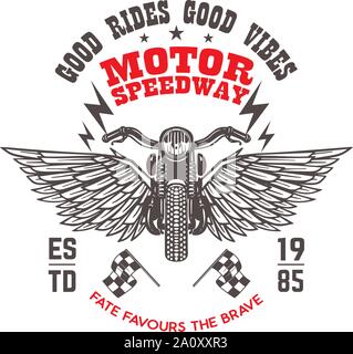 Motor speedway. Poster template with winged motorcycle. Design element for poster, flyer, card, banner. Vector illustration Stock Vector