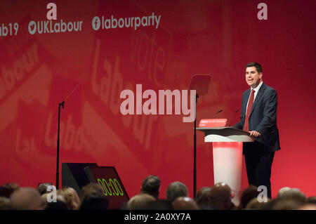 Labour Party Annual Conference 2019, Brighton Centre, Brighton, England, UK. 22nd. September, 2019. Richard Burgon M.P. Shadow Secretary of State for Justice and Shadow Lord Chancellor speaking on the main stage about Rebuilding Public Services at the Labour Party Annual Conference 2019 Credit: Alan Beastall/Alamy Live News. Stock Photo