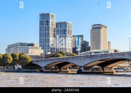 Waterloo Bridge and the South Bank, across the River Thames from the Victoria Embankment, London, UK Stock Photo