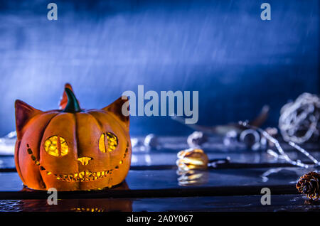 Halloween. pumpkin in the rain. copy space Stock Photo
