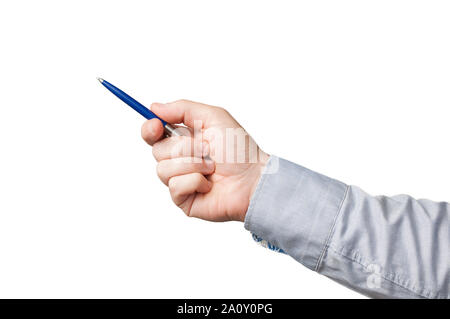 Businessman hand pointing to something during a presentation using a blue pen, white background Stock Photo
