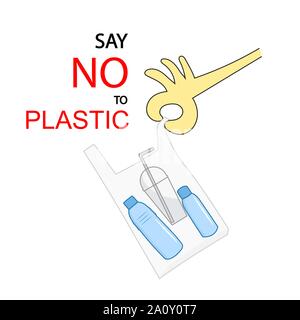 Hand holding plastic bag and plastic water bottle with say no to plastic sign Stock Vector
