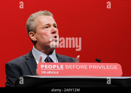 Brighton, UK. 22nd September 2019.  Mark Serwotka, TUC Congress President 2019 addresses the Labour Party Autumn Conference. Mark opened the Health and Social Care debate. Credit: Julie Edwards/Alamy Live News Stock Photo