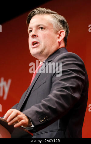 Brighton, UK. 22nd September 2019.  Jon Ashworth MP, Shadow Secretary of State for Health addresses the Labour Party Autumn Conference. Jon Ashworth spoke during the Health and Social Care debate. Credit: Julie Edwards/Alamy Live News Stock Photo
