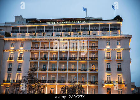 Athens, Greece - December 31, 2018: Facade of the Grande Bretagne hotel on Syntagma Square at night in Athens, Greece Stock Photo