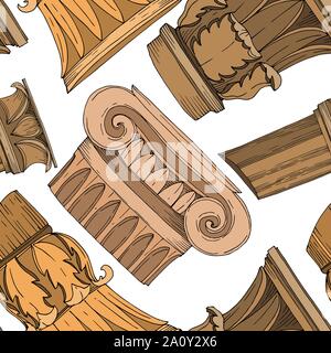 Vector Antique greek columns. Black and white engraved ink art. Seamless background pattern. Fabric wallpaper print texture on white background. Stock Vector