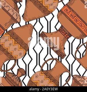 Vector Antique greek amphoras. Black and white engraved ink art. Seamless background pattern. Fabric wallpaper print texture on white background. Stock Vector