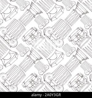 Vector Antique greek columns. Black and white engraved ink art. Seamless background pattern. Fabric wallpaper print texture on white background. Stock Vector