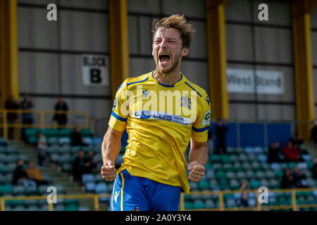 Chris Hugh of Barry Town scores his sides opening goal against Cefn ...