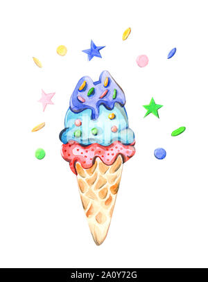 Illustration drawn by watercolor ice cream confectionery in a waffle cup on a white isolated background Stock Photo